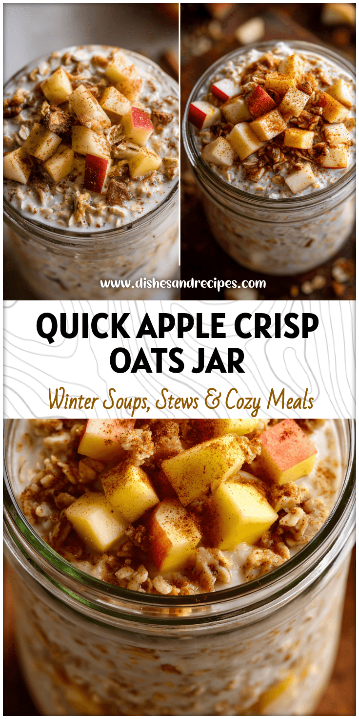 A clear glass jar filled with Apple Crisp Overnight Oats topped with diced apples and cinnamon for a healthy breakfast.